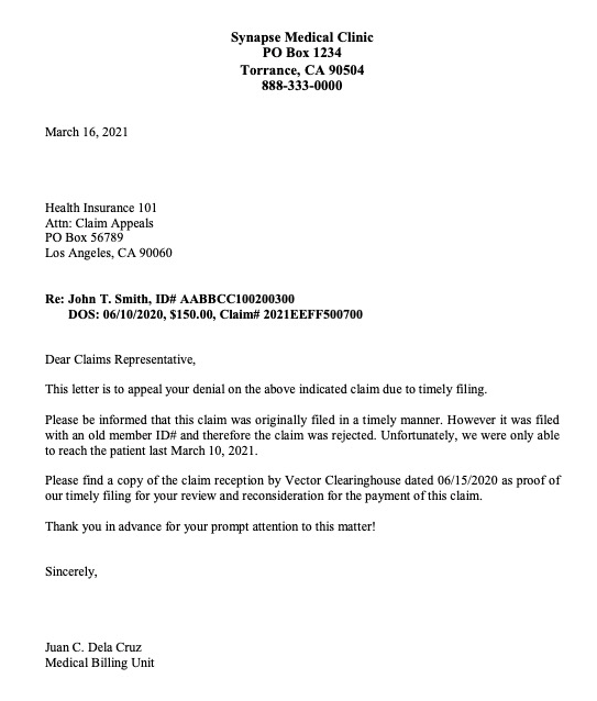 Appeal letter sample timely filing